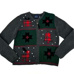 CRAZY HORSE Christmas Patchwork Ugly Sweater Zip-Up Cardigan